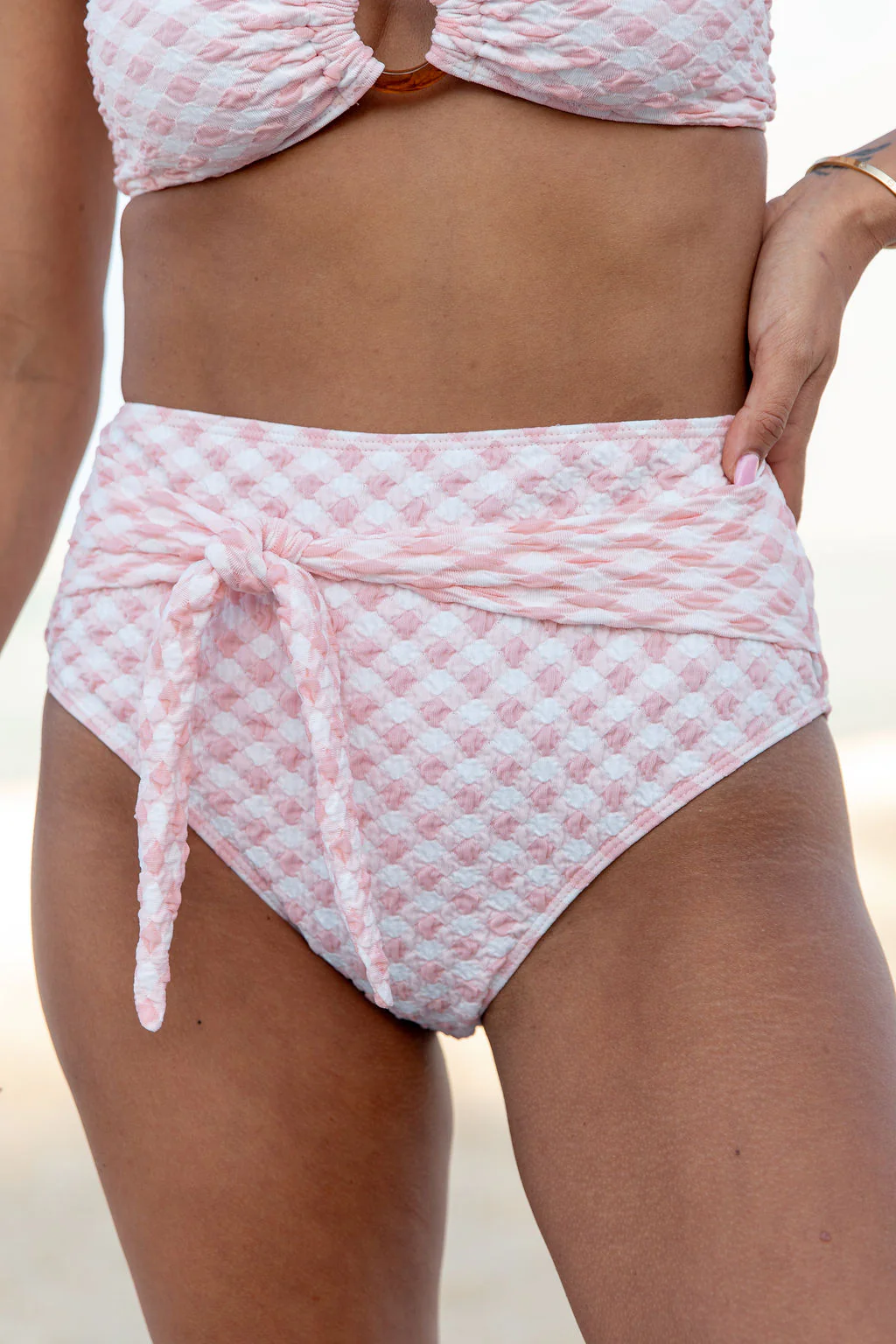 Golden Isle Pink Textured Tie Detail Bikini Bottom FINAL SALE - Terpint
