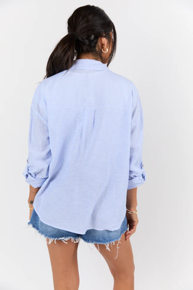 Coastline Walk Blue Striped Linen Blend Button Down Top FINAL SALE - Terpint