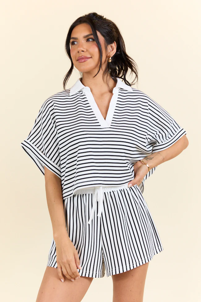 Move With Purpose White And Black Knit Striped Cropped Shirt SALE - Terpint