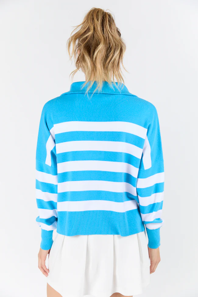 Pulling Heartstrings Hip Length Aqua Stripe Quarter Zip Pullover DOORBUSTER - Terpint
