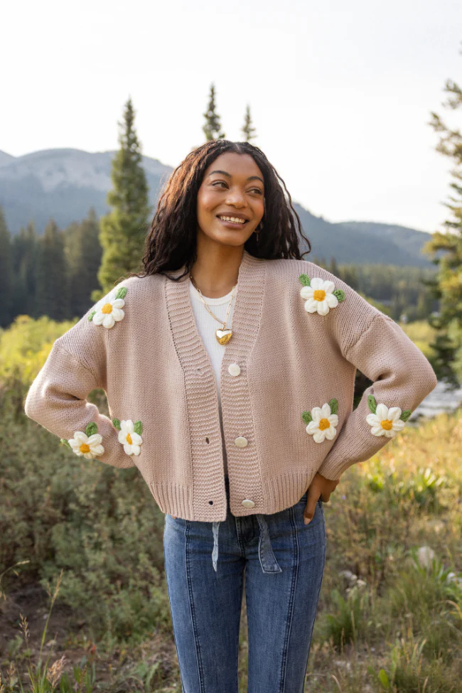 Samantha Long Sleeve Taupe Daisy Cardigan - Terpint