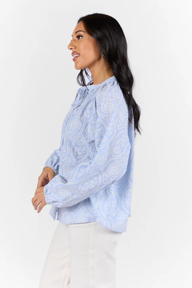 Downtown Delight Blue Embroidered Woven Button Down Blouse DOORBUSTER - Terpint