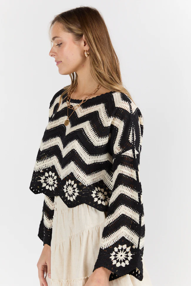 Saltwater Nights Black and Ivory Crochet Sweater DOORBUSTER - Terpint