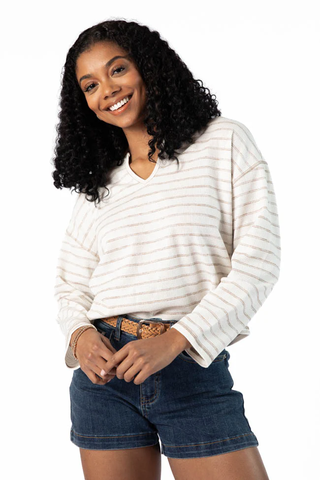 Many Beginnings Cream and Beige Striped Notched Neck Tee FINAL SALE - Terpint