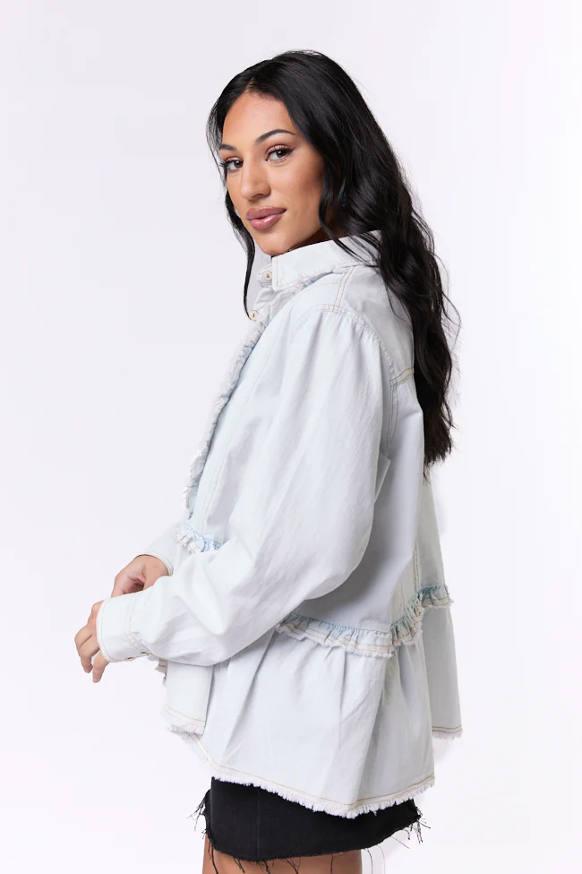 Here To Prove Light Wash Ruffle Trim Peplum Chambray Blouse SALE - Terpint