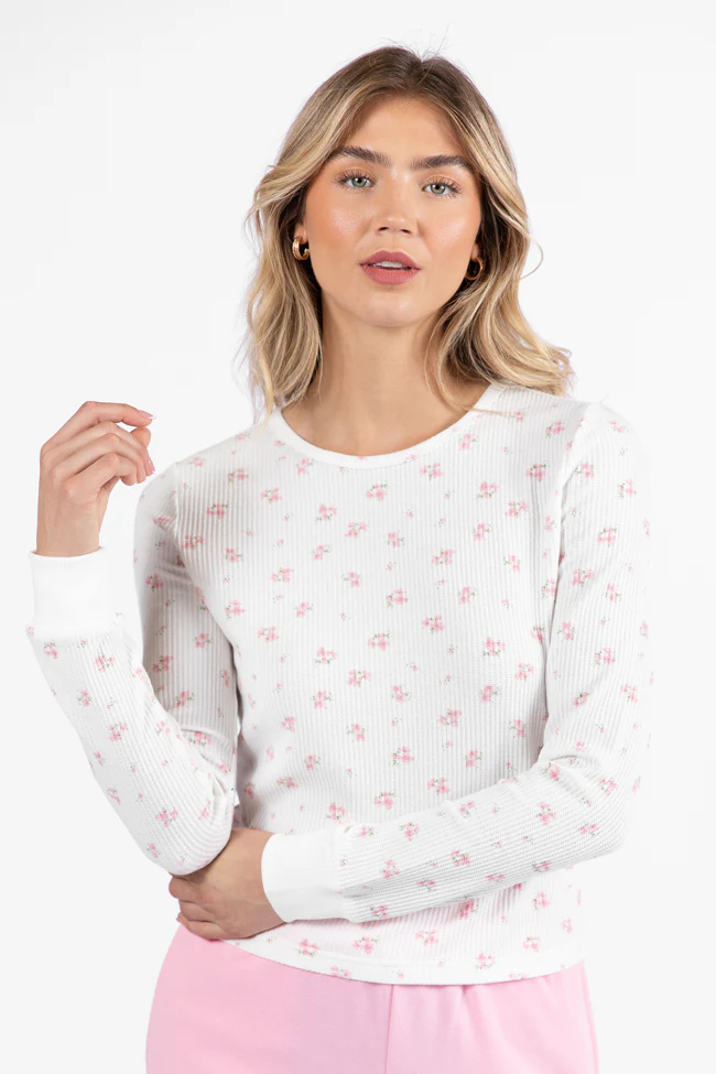 Lazy Floral Ivory and Pink Floral Print Waffle Layering Top FINAL SALE - Terpint