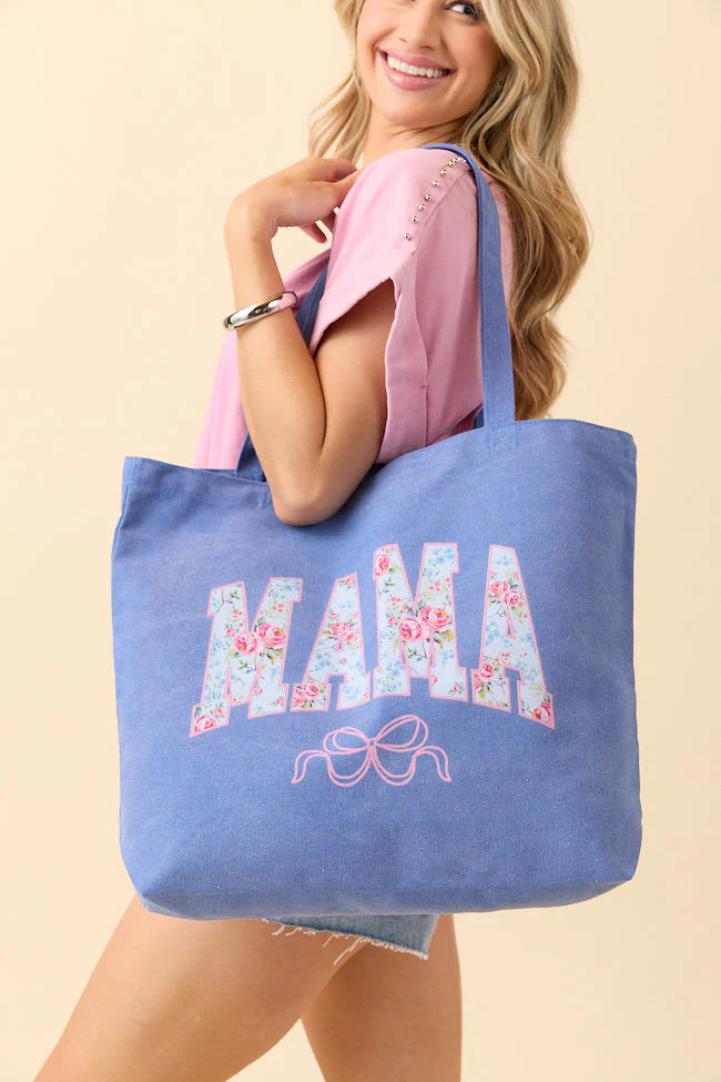 Mama Floral Bow Periwinkle Blue Graphic Tote Bag - Terpint