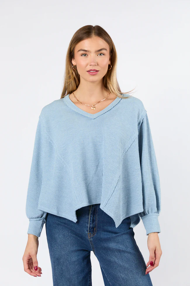 Never Say Never Dusty Blue Ribbed Knit V-Neck Long Sleeve Top FINAL SALE - Terpint