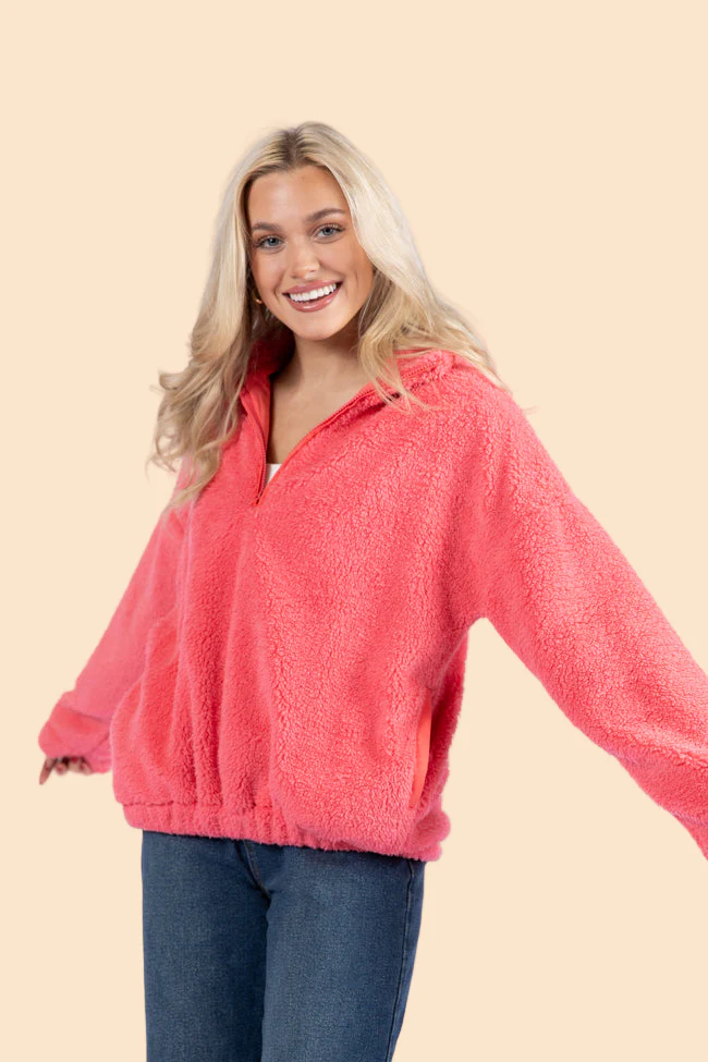 Stay Here Coral Sherpa Pullover DOORBUSTER - Terpint