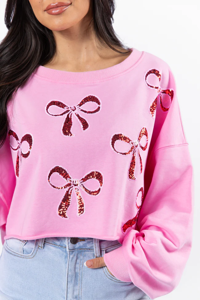Wrapped Around My Finger Bow Sequin Patch Pink Cropped Sweatshirt FINAL SALE - Terpint