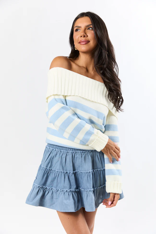 Undertow Feelings Ivory and Blue Striped Off The Shoulder Sweater FINAL SALE - Terpint