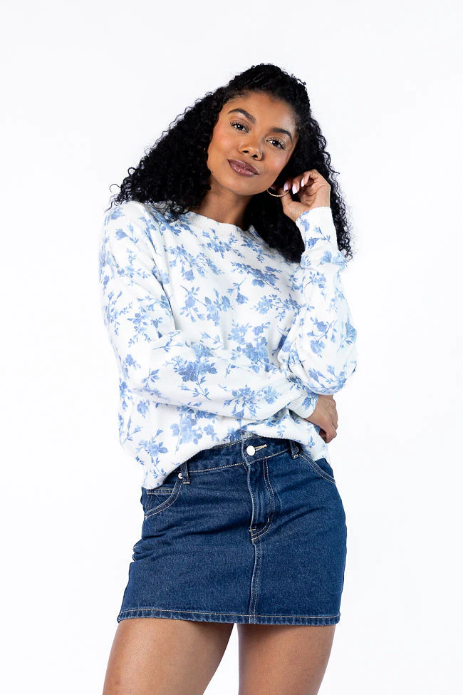 Blooming Love Blue Crew Neck Floral Sweater FINAL SALE - Terpint