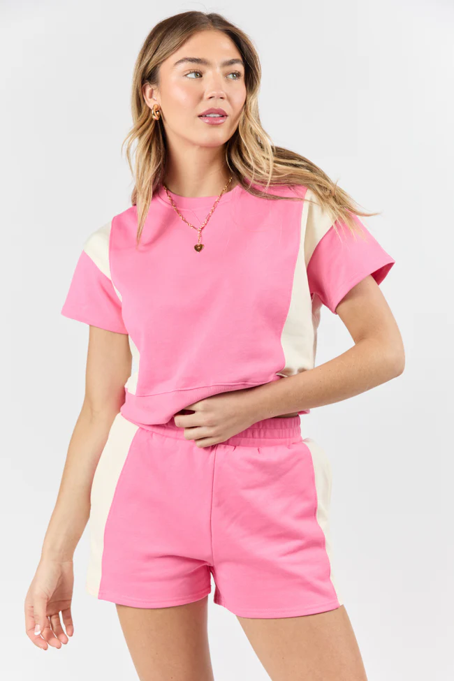Make Or Break Pink and Ivory Contrast French Terry Short Sleeve Sweatshirt SALE - Terpint