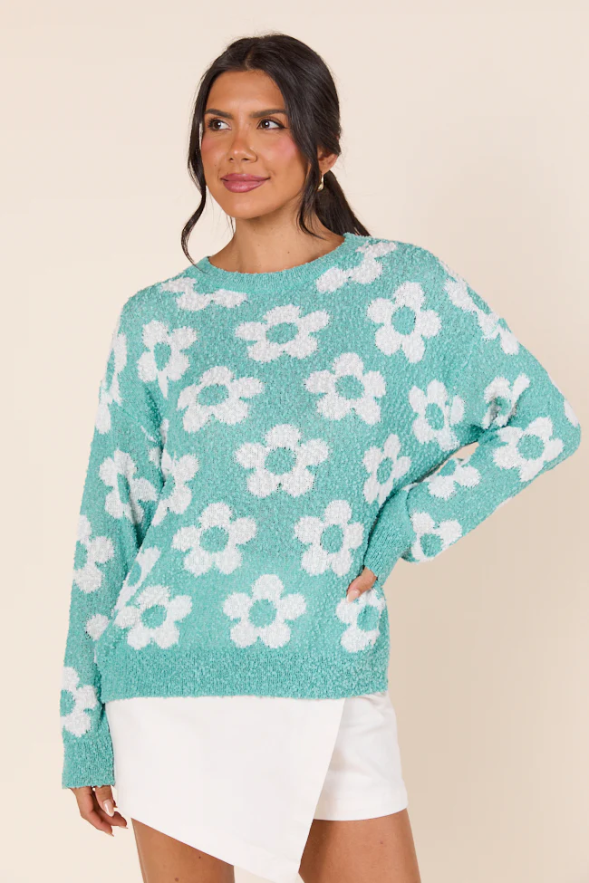 Teagan Long Sleeve Blue Floral Print Sweater - Terpint