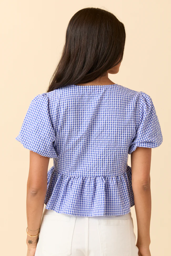 Mila Blue Gingham Tie Front Flounce Woven Blouse DOORBUSTER - Terpint