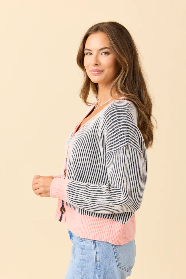 Alma Textured Navy Striped Knit Cardigan - Terpint