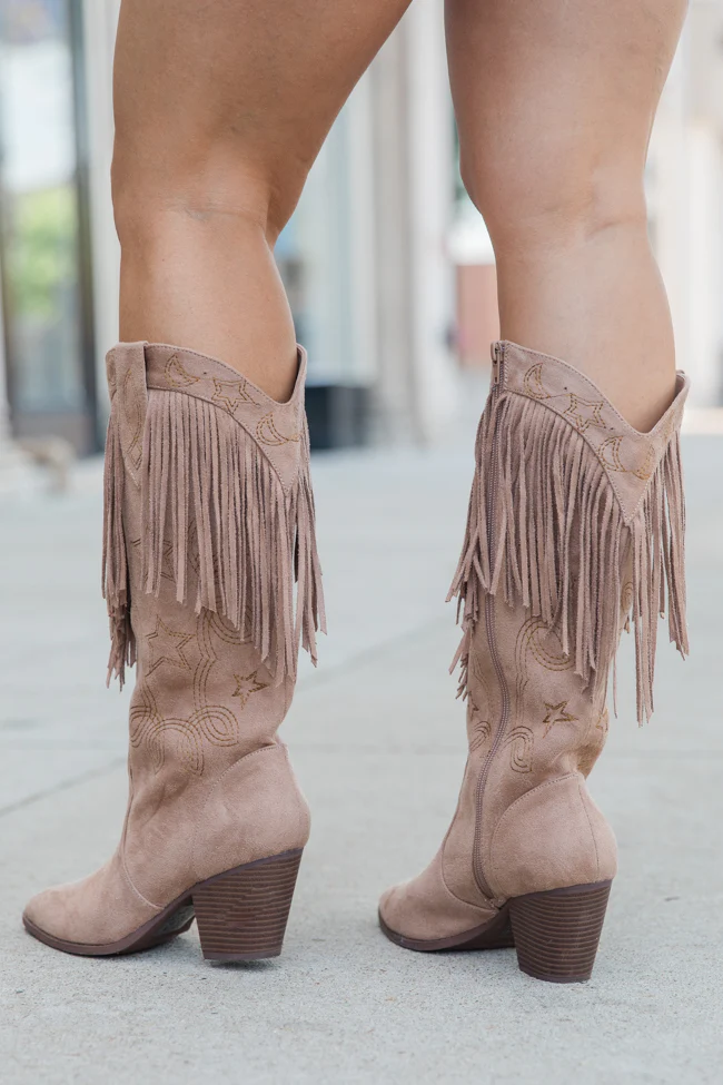 Fancy Suede Warm Taupe Fringe and Stars Boots SALE - Terpint