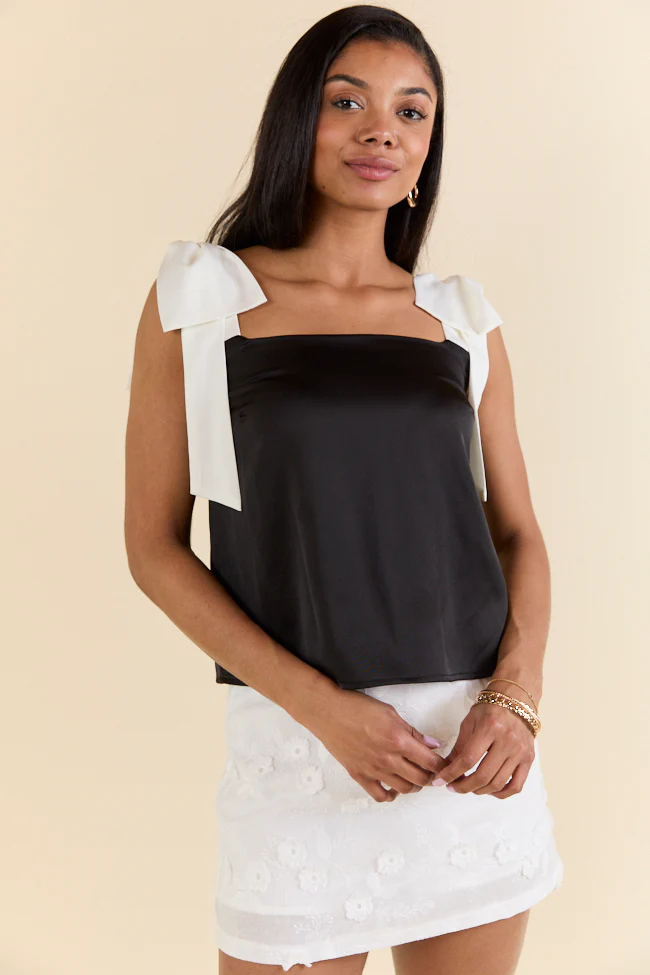 Classic Night Out Black and Ivory Satin Bow Sleeve Tank Top FINAL SALE - Terpint