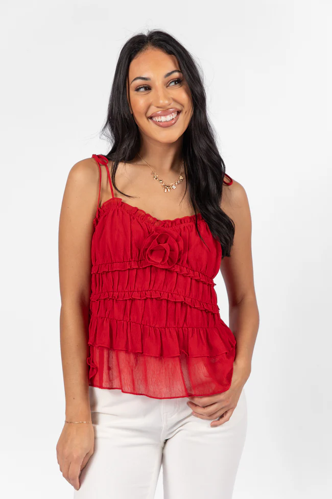 Promise To Another Red Rosette Tie Sleeve Tank FINAL SALE - Terpint