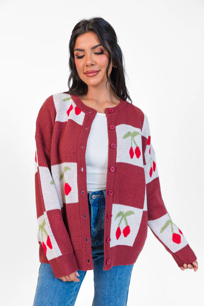 Cherry Much In Love Brick and White Multi Checkered Cardigan FINAL SALE - Terpint