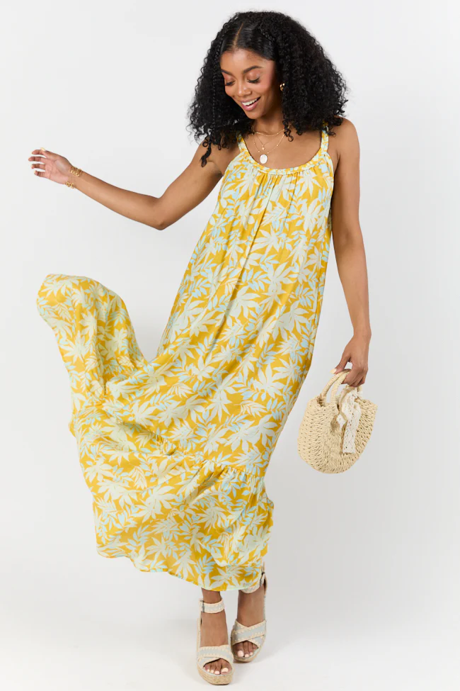 Painting The Sky Yellow Leaf Print Maxi Dress DOORBUSTER - Terpint