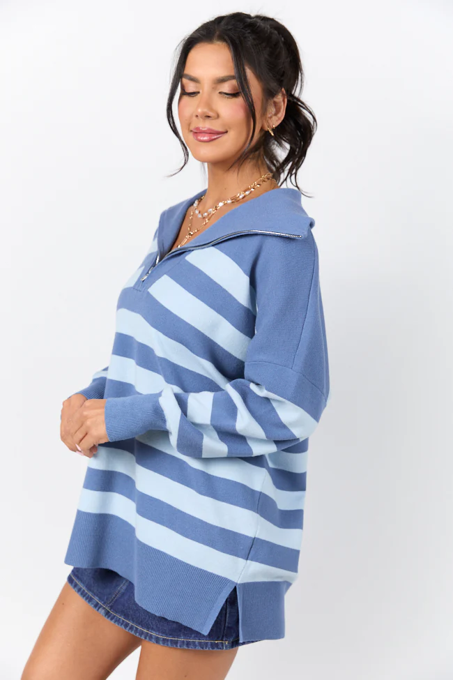 Pulling Heartstrings Navy and Blue Stripe Quarter Zip Pullover FINAL SALE - Terpint