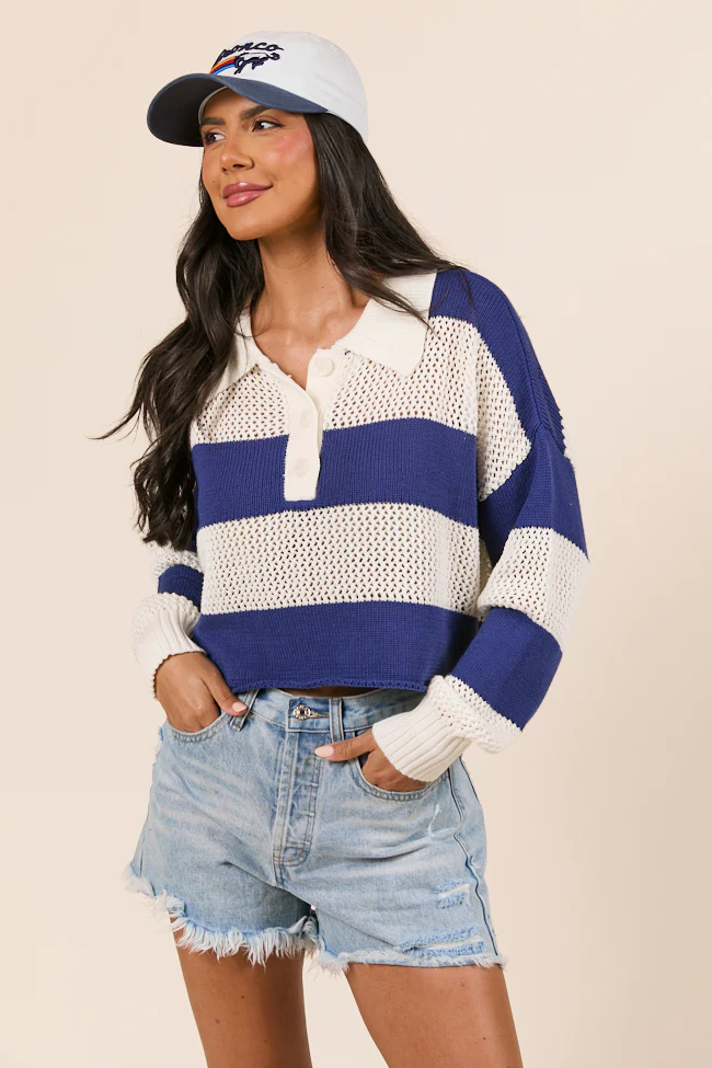 Zebb Long Sleeve Navy Striped Open Knit Sweater - Terpint