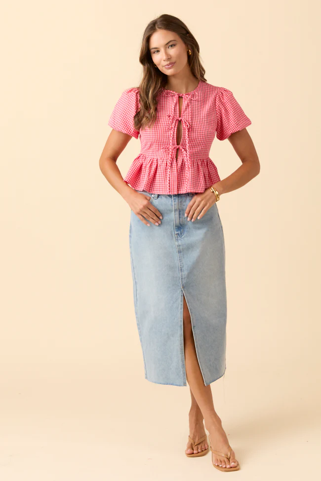Mila Red Gingham Tie Front Flounce Woven Blouse DOORBUSTER - Terpint