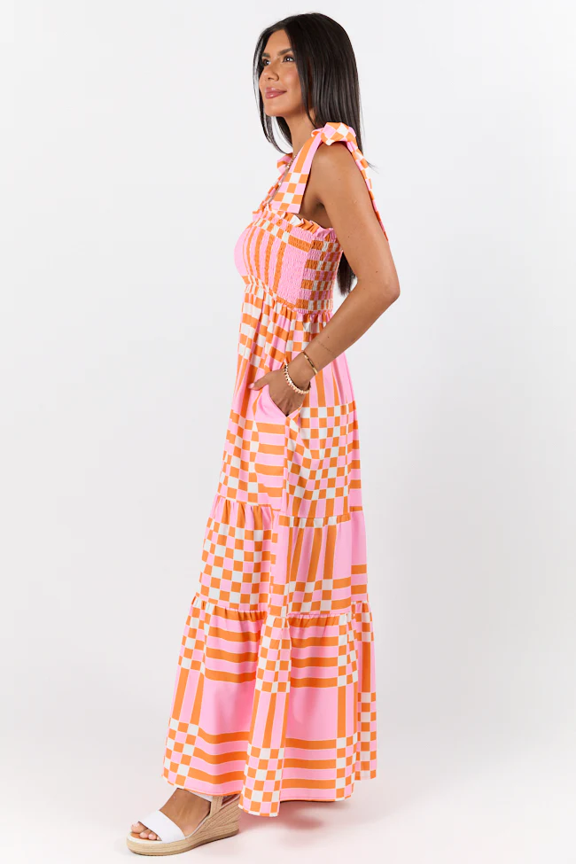 Get The Check Pink and Orange Printed Checkered Maxi Dress - Terpint