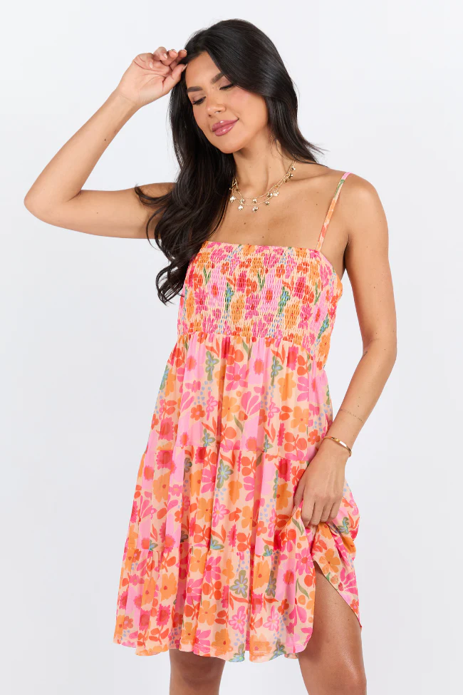 I Know A Place Orange And Pink Floral Smocked Mini Dress FINAL SALE - Terpint
