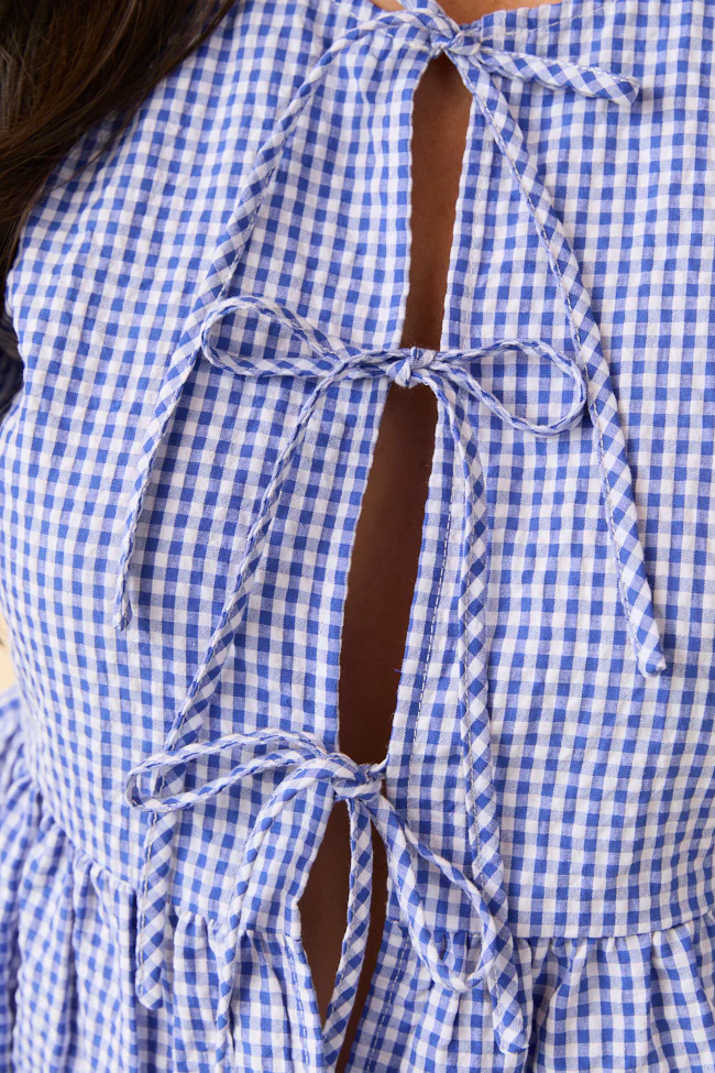Mila Blue Gingham Tie Front Flounce Woven Blouse DOORBUSTER - Terpint
