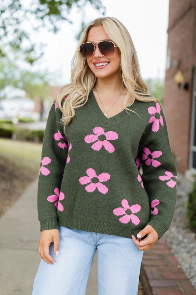 Keep You Around Olive and Pink Floral V-neck Sweater FINAL SALE - Terpint
