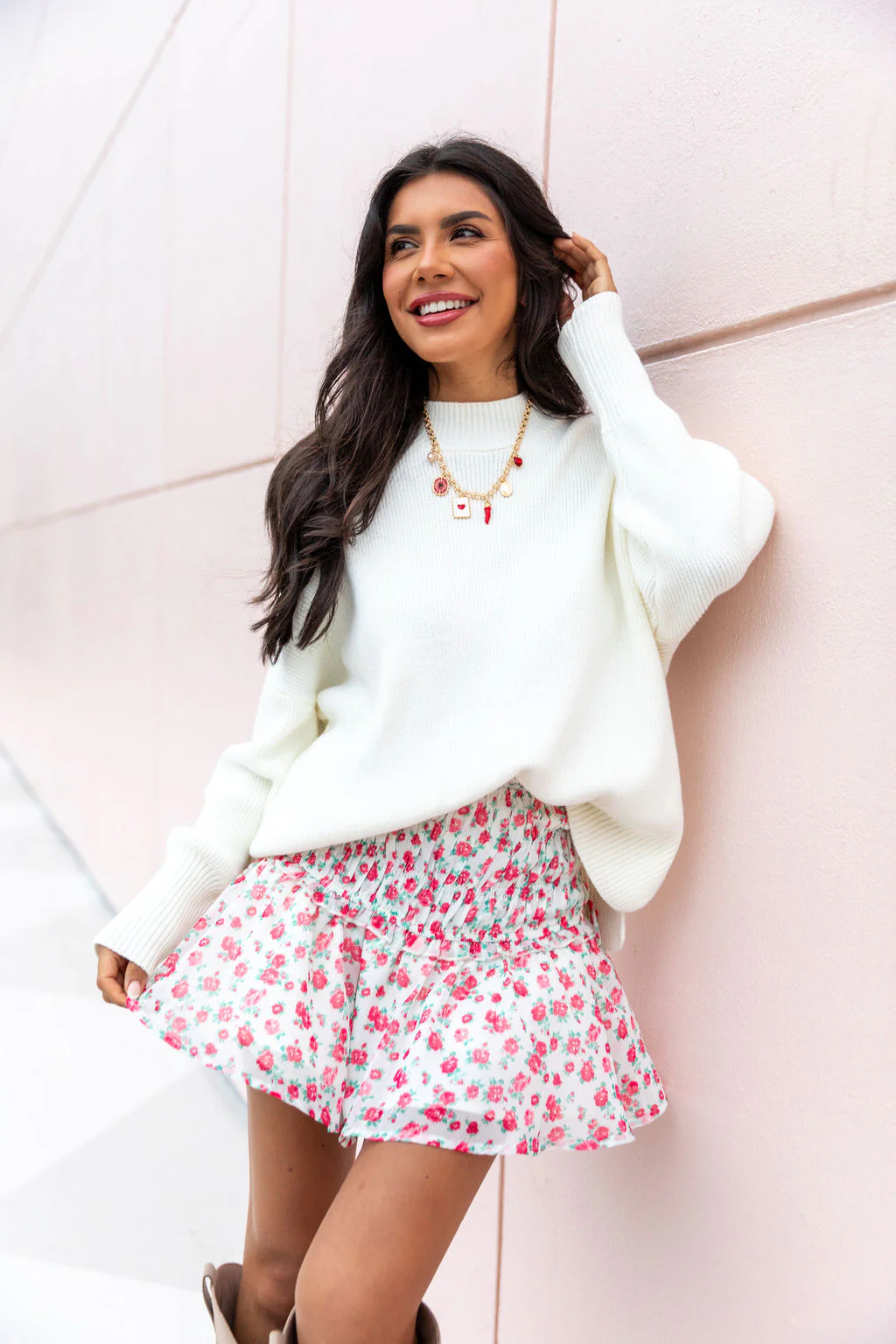 Cross My Path Ivory and Red Drop Smocked Waist Mini Skort FINAL SALE - Terpint
