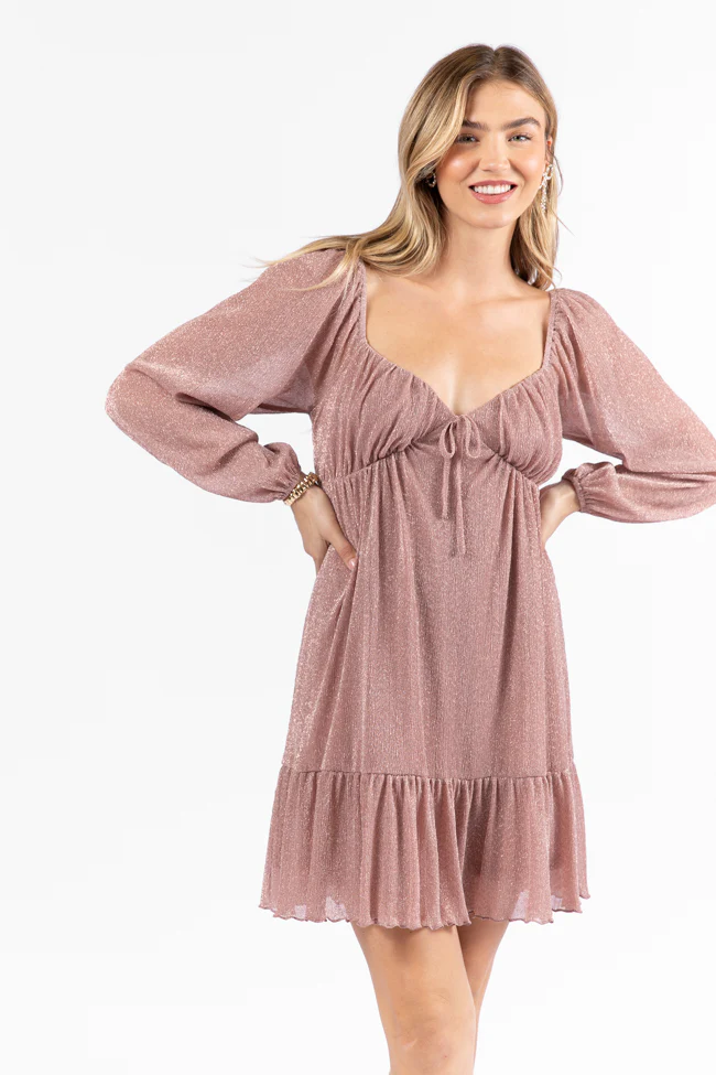 Presence Of Love Pink Shimmer Long Sleeve Sweetheart Dress FINAL SALE - Terpint