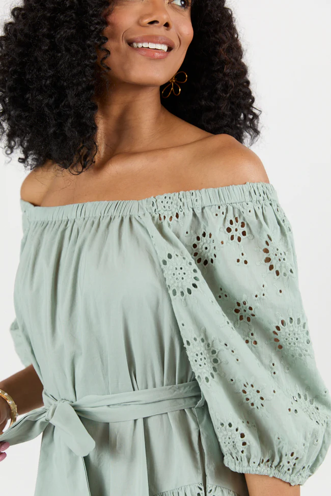 Set The Sage Eyelet Off The Shoulder Dress SALE - Terpint