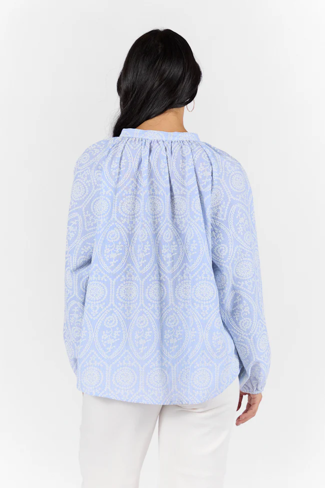 Downtown Delight Blue Embroidered Woven Button Down Blouse DOORBUSTER - Terpint
