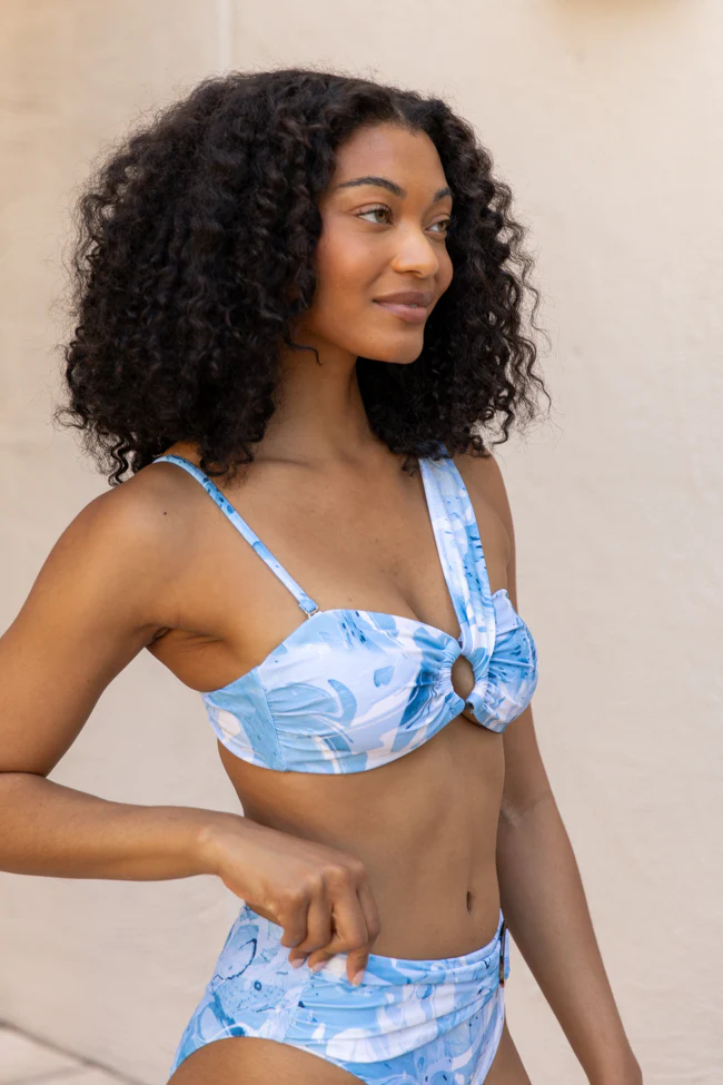 On The Water Blue Printed Asymmetrical Bandeau Bikini Top FINAL SALE - Terpint