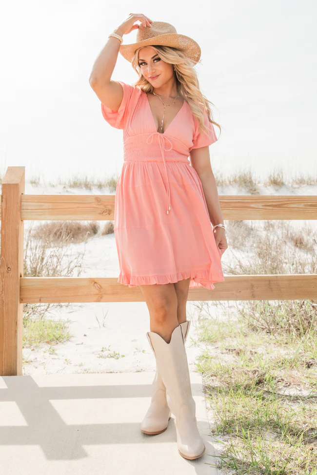 Urban Cowgirl Coral V-Neck Smocked Dress FINAL SALE - Terpint
