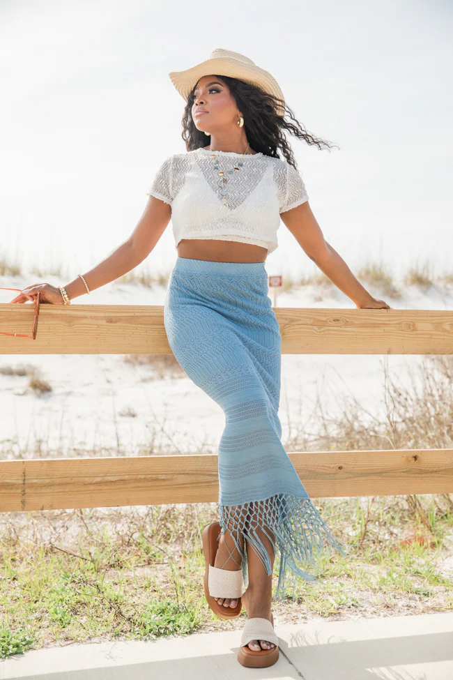 Clover Fields Blue Fringe Hem Knit Maxi Skirt FINAL SALE - Terpint