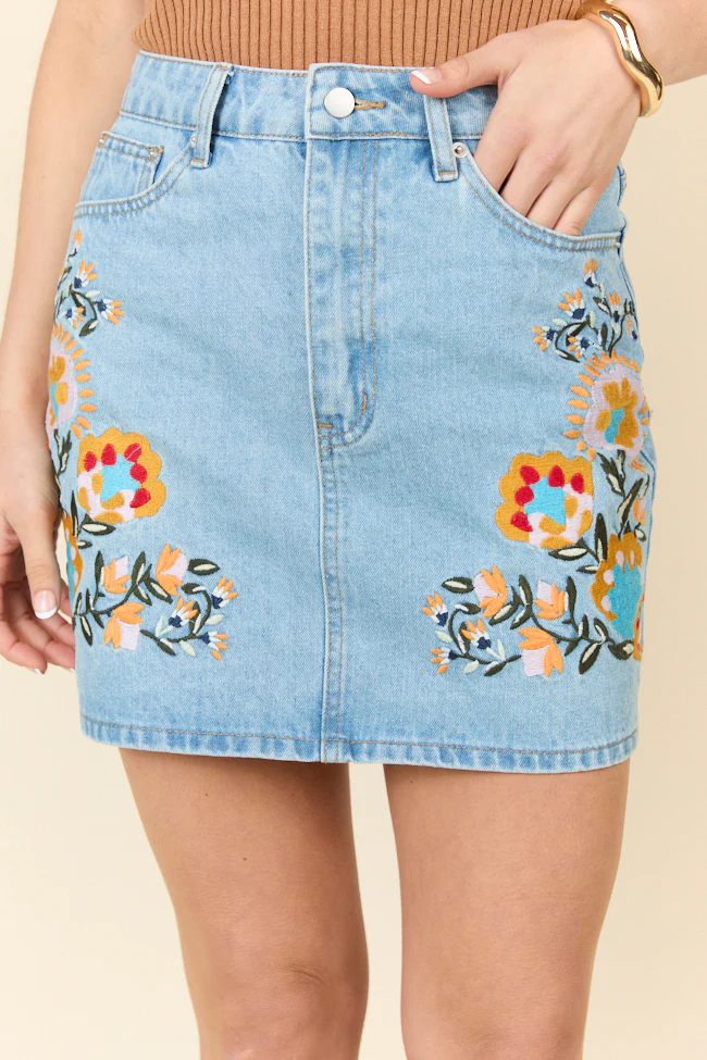 Garden Of Grace Floral Embroidered Denim Skirt FINAL SALE - Terpint