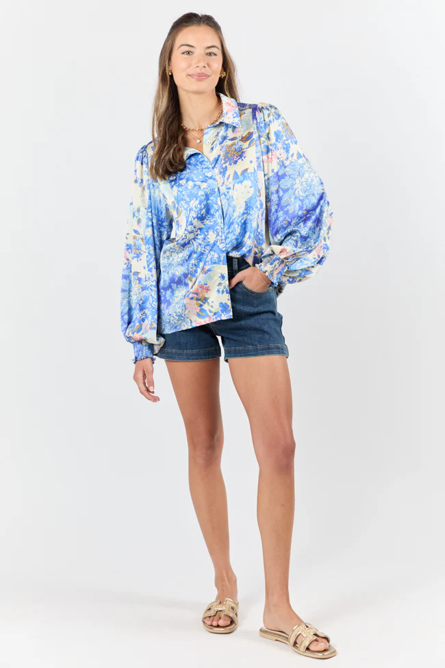 I've Been Waiting Blue Floral Patch Print Satin Button Down Blouse FINAL SALE - Terpint