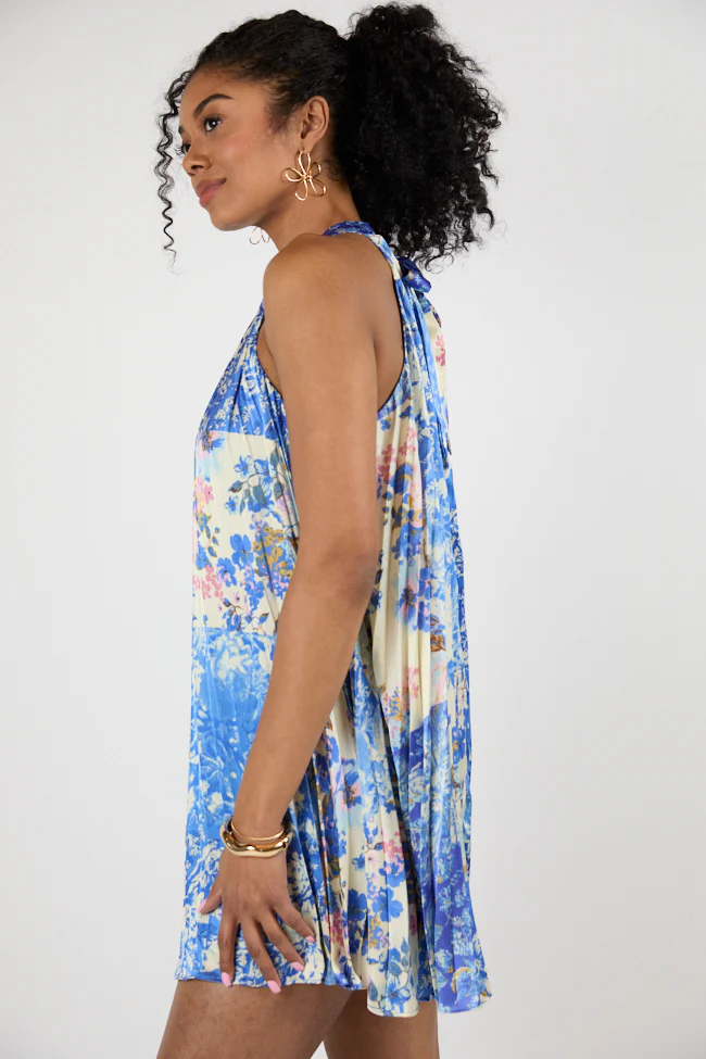 Petal Perfection Blue Multi Halter Neck Printed Mini Dress FINAL SALE - Terpint