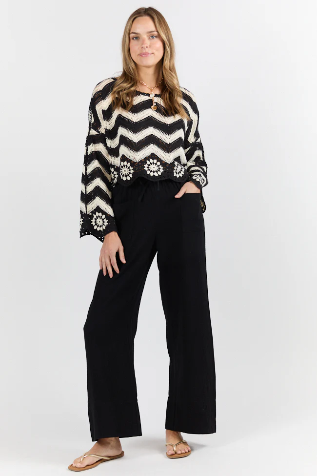Saltwater Nights Black and Ivory Crochet Sweater DOORBUSTER - Terpint