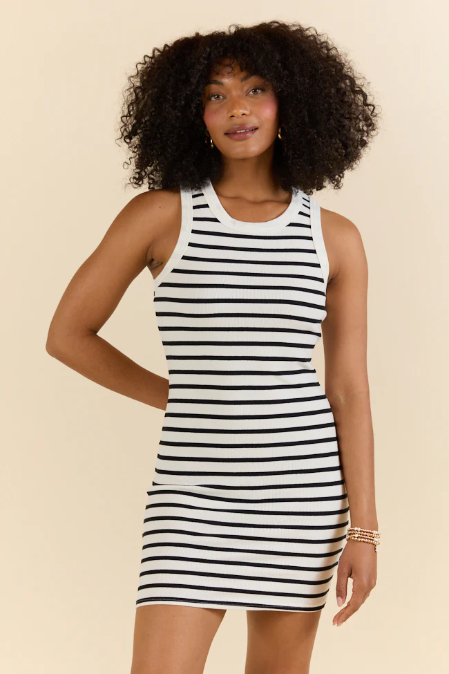 Lead The Way White and Black Striped Knit Dress DOORBUSTER - Terpint