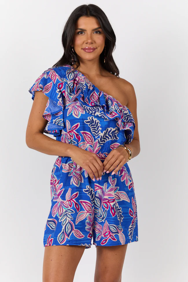 Radiating Beauty Blue Multi One Shoulder Ruffle Romper SALE - Terpint