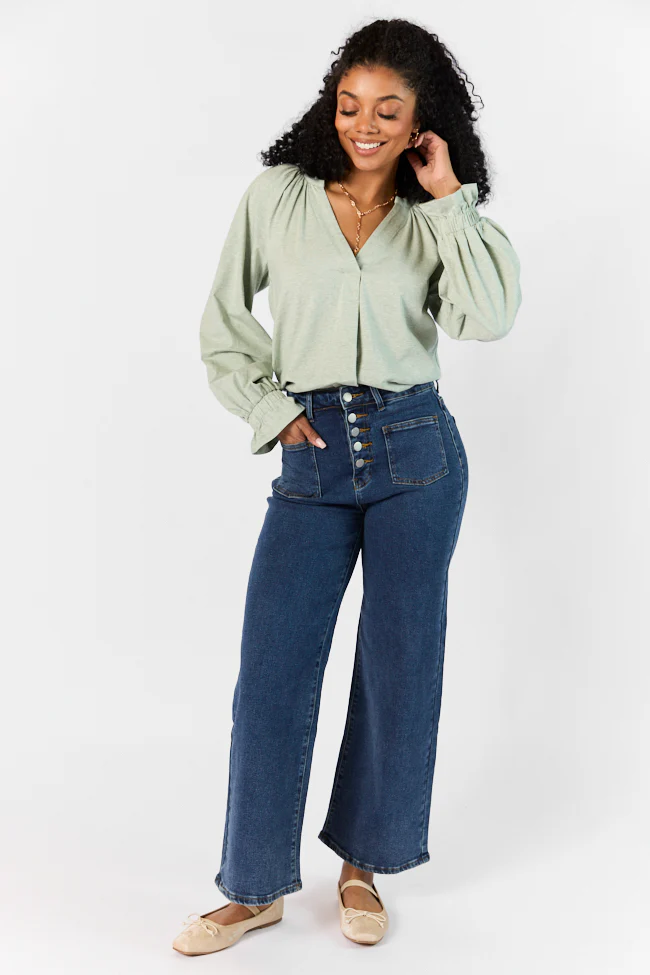 Simply You Sage Knit Notched Neck Long Sleeve Blouse FINAL SALE - Terpint