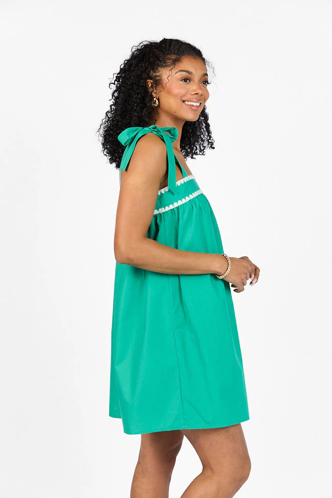 Better This Way Green Tie Shoulder Stitched Trim Mini Dress FINAL SALE - Terpint