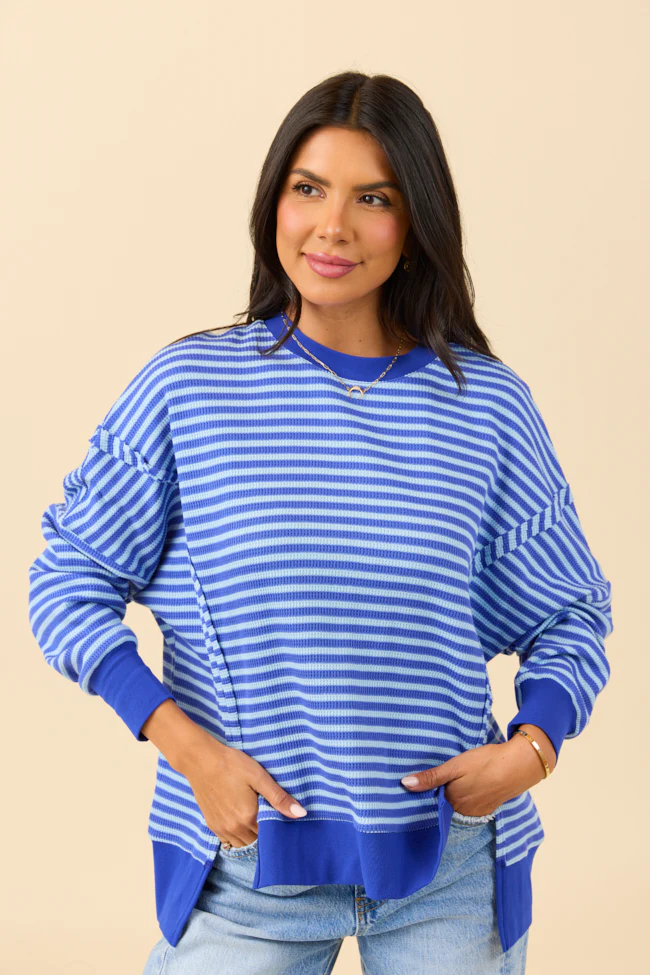 Kara Blue Stripe Waffle Pullover - Terpint