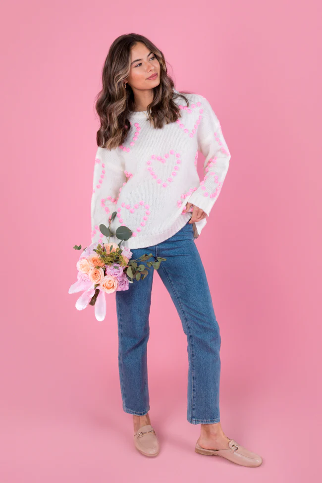 Adore You Ivory and Pink Oversized Heart Pom Sweater FINAL SALE - Terpint