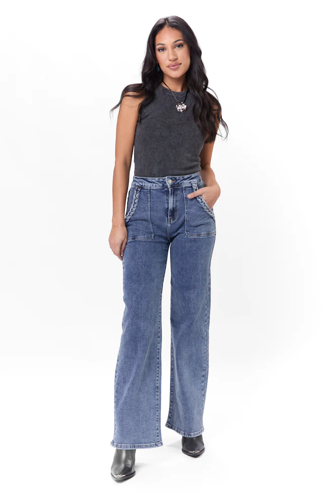 Carolyn Medium Wash Braided Pocket Wide Leg Jeans FINAL SALE - Terpint